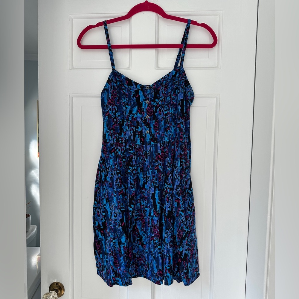 Express Blue Multi Sleeveless Mini Swing Dress with Pockets in Size Small